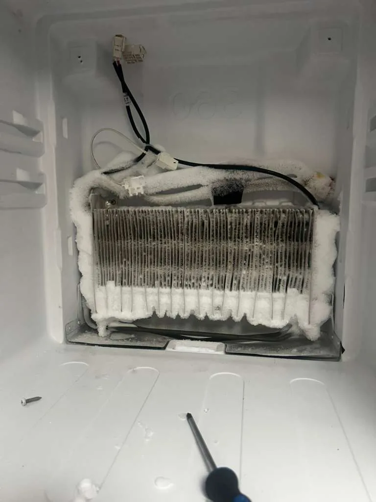 Frozen evaporator coil inside an RV absorption fridge during a service call