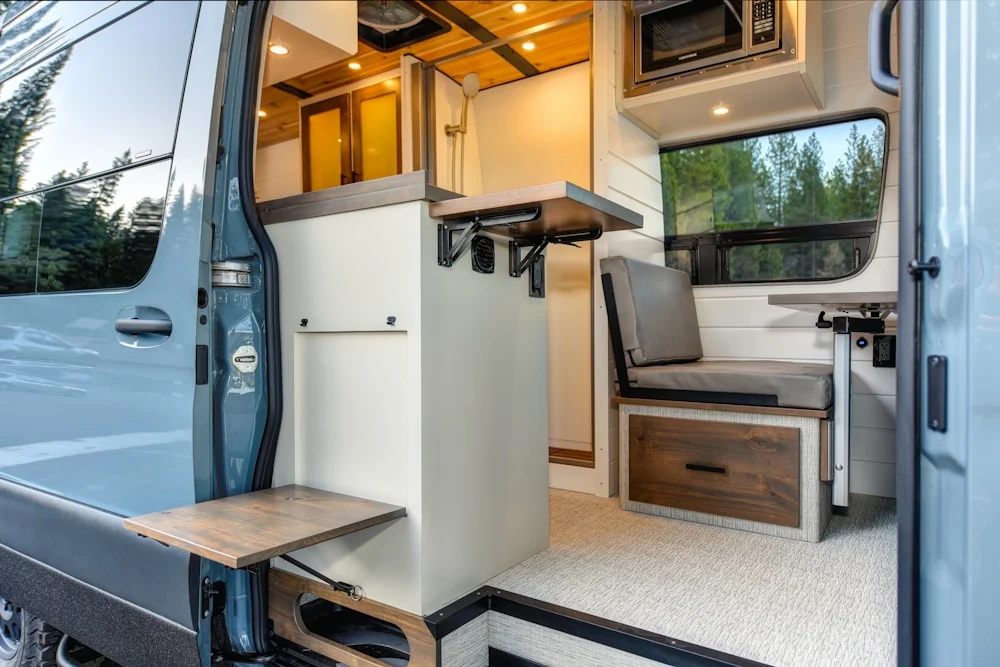 RVIA tech completing a kitchen interior renovation inside a Class A motorhome in Florida